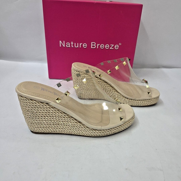 Y2K Chunky Platform Wedge Sandals Size US 8 Nature Breeze Tan & Gold Studded - Picture 3 of 8